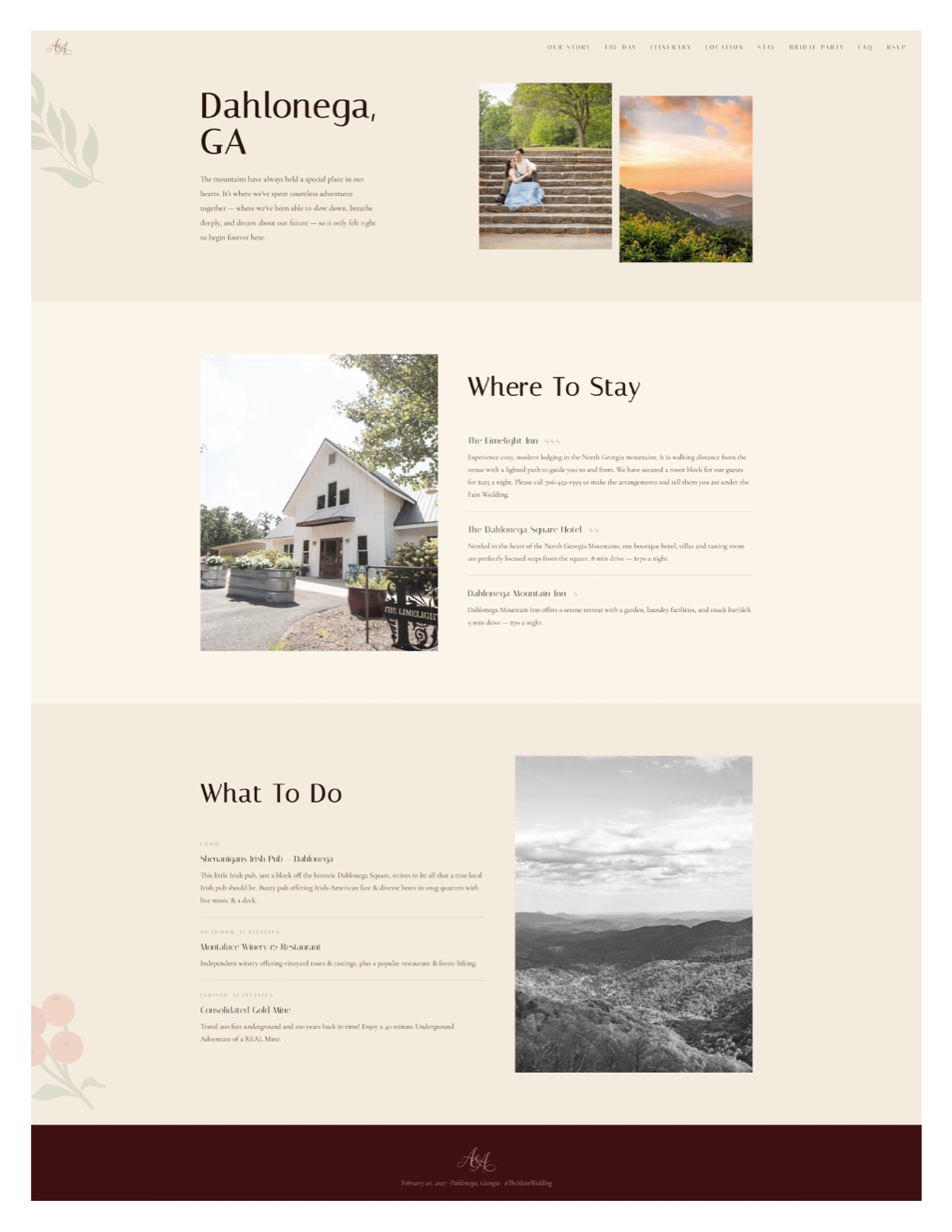 Location, lodging, and things to do page screenshot.