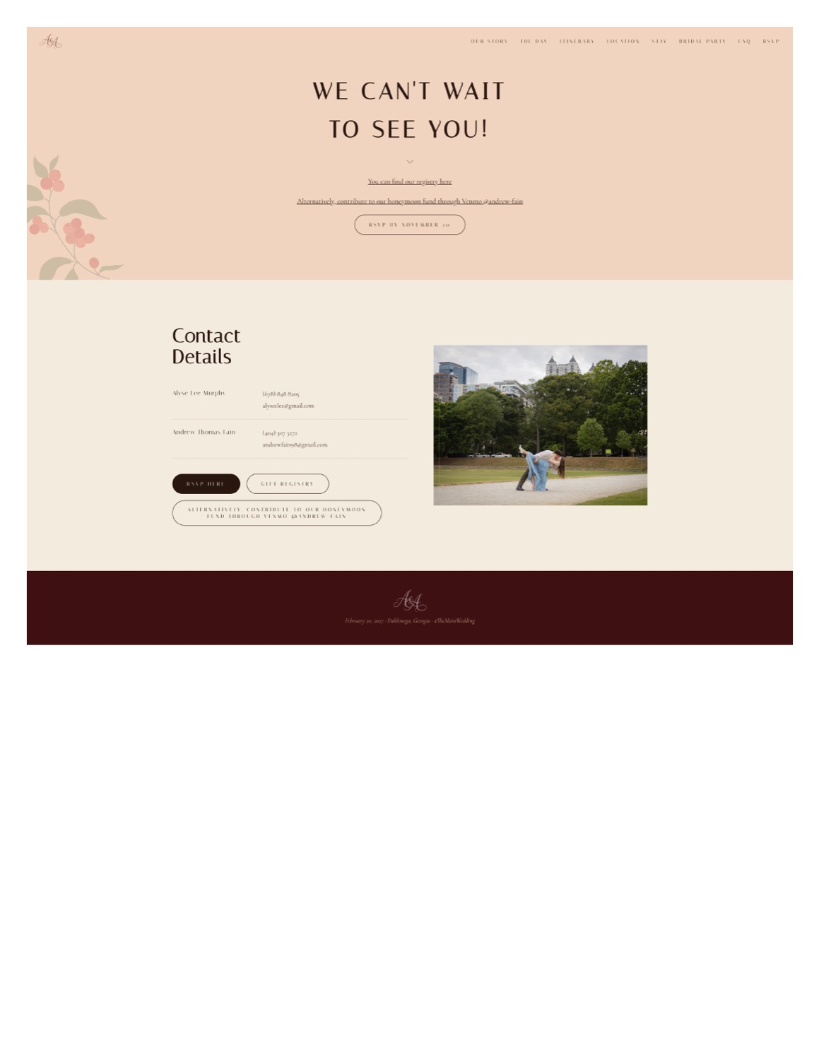 RSVP, registry, and contact details page screenshot.
